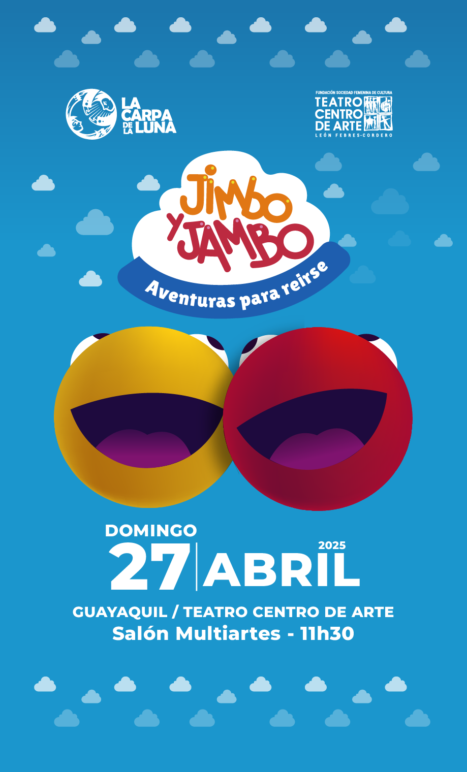 Omar San Lucas actuando junto a uno de los personaes títeres en la obra teatral Jimbo y Jambo, de La Carpa de la Luna, en Guayaquil, Ecuador