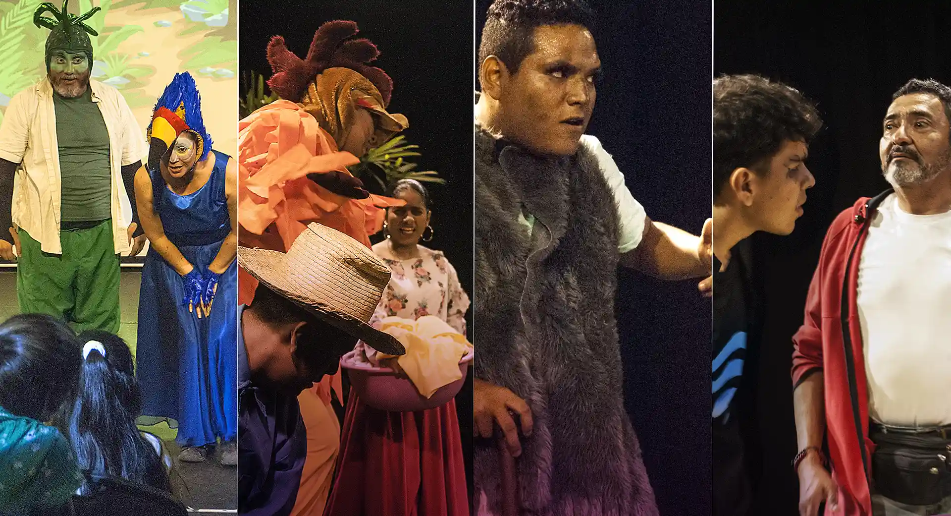 Cuatro escenas de la II edición del Peques Fest festival de teatro familiar, realizado en mayo del 2024 en Guayaquil. De izquierda a derecha: La iguana, el tucán y el delfín desaparecido, de La carpa de la luna; Federico, mi gallo Guarico, de Escuela de teatro La Garza Roja; Ojitos, el ogro mal educado, del Grupo Retablillo; y Un mundo sin Wifi, del Taller de artes Black Box.