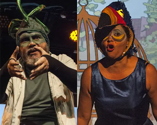 Sandra y Omar San Lucas durante actuación de la obra teatral familiar La iguana, el tucán y el delfín desaparecido, presentada durante el festival de teatra PequesFest, en mayo del 2024. www.sanlucascultura/sanlucas-peques-fest-actividades-2024.html